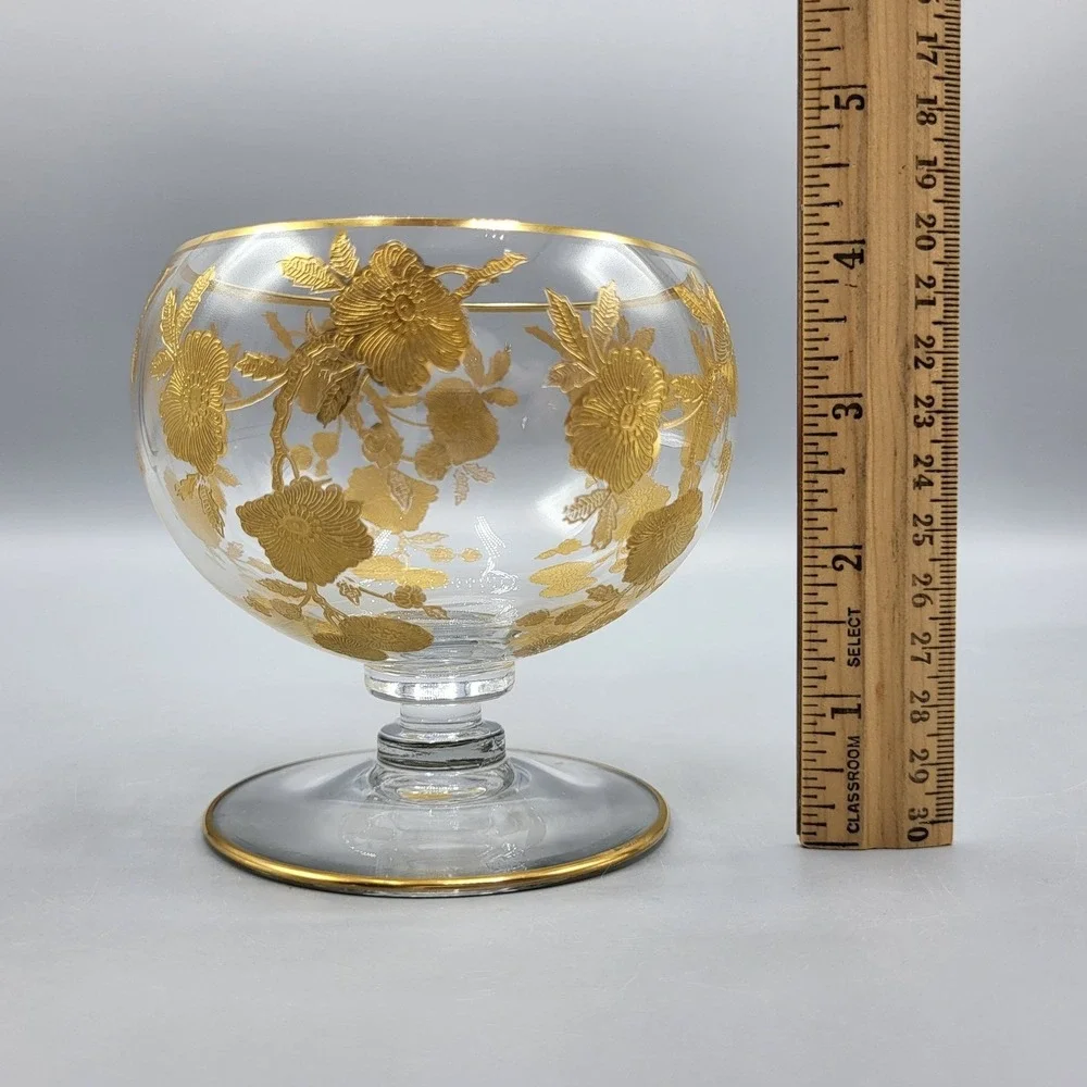 Vintage MCM Gold Encrusted Floral Glass Compote Footed Bowl Dish Clear